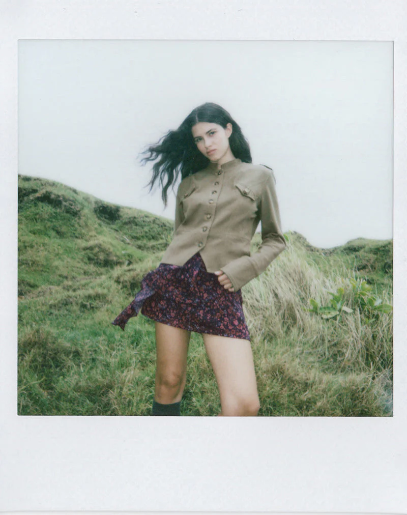 Naru Mini Skirt in Chiffon Scattered Floral Black and Red - Image 2