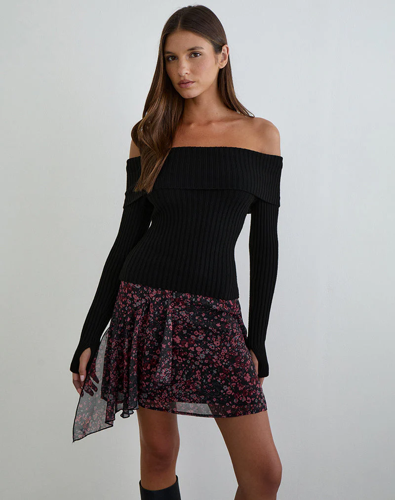 Naru Mini Skirt in Chiffon Scattered Floral Black and Red - Image 5