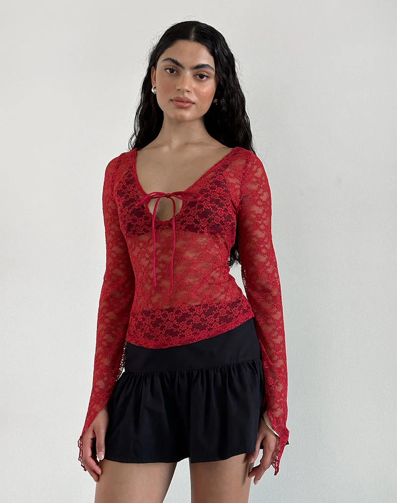 Natasha Tie Front Top in Mari Lace Red - Image 2