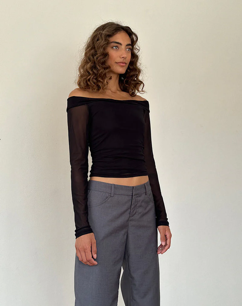Nauri Long Sleeve Bardot Top in Mesh Black - Image 3