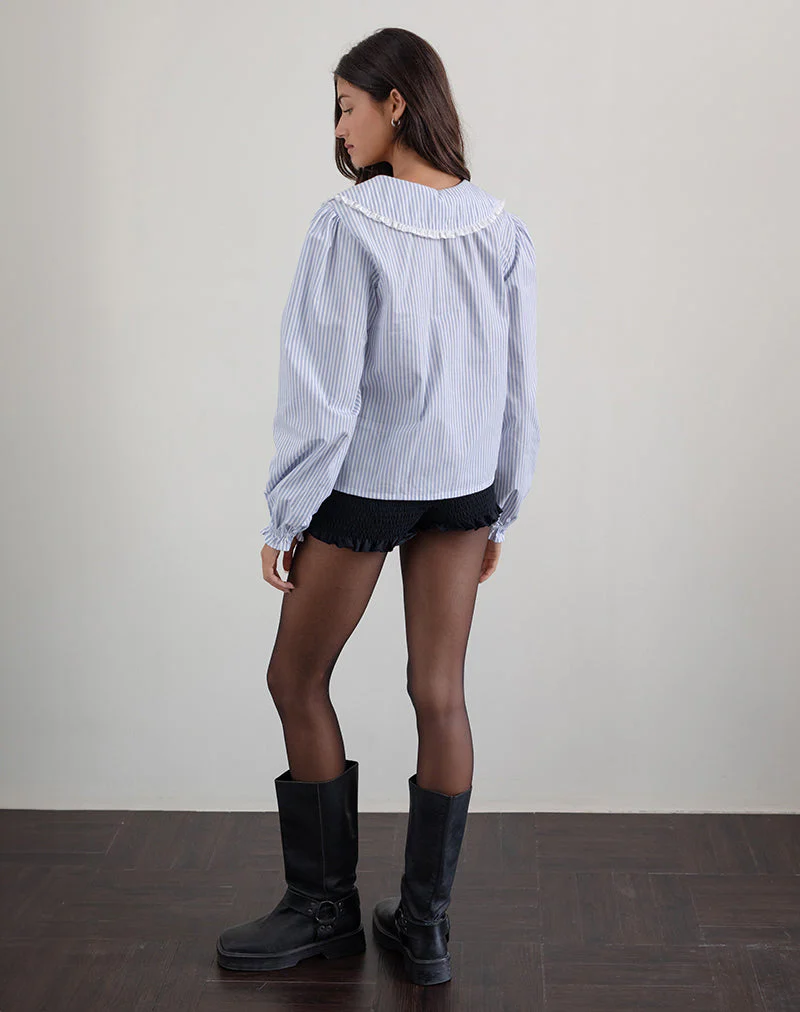 Nelcy Oversized Collared Shirt in Small Vertical Stripe Blue - Image 3