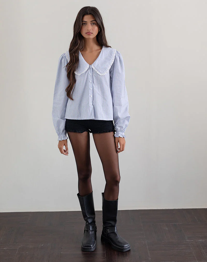 Nelcy Oversized Collared Shirt in Small Vertical Stripe Blue - Image 5