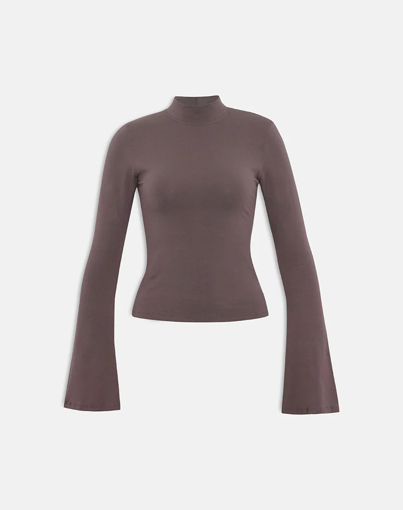 Nell High Neck Long Sleeve Top in Jersey Coffee Quartz - Image 2