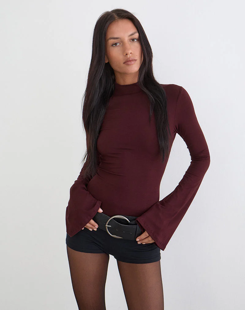Nell High Neck Long Sleeve Top in Dark Plum