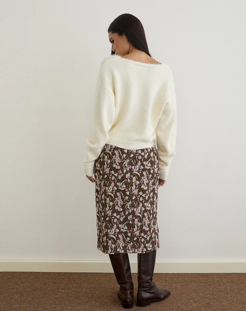 Nimas Midi Skirt in Brown and Pink Polka Flower Chiffon - Image 5
