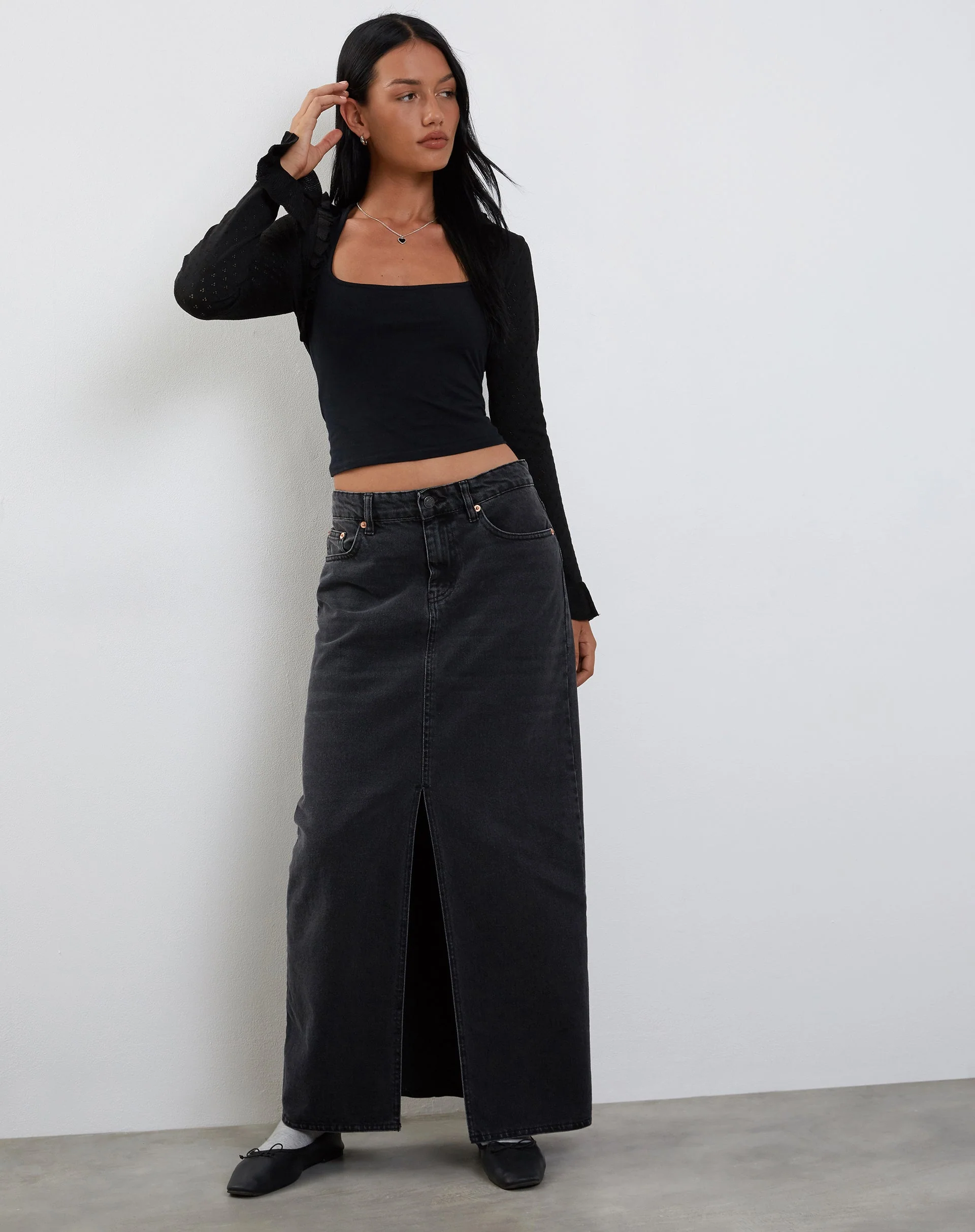 Nimra Knitted Shrug with Frill Sleeve in Black - Image 3