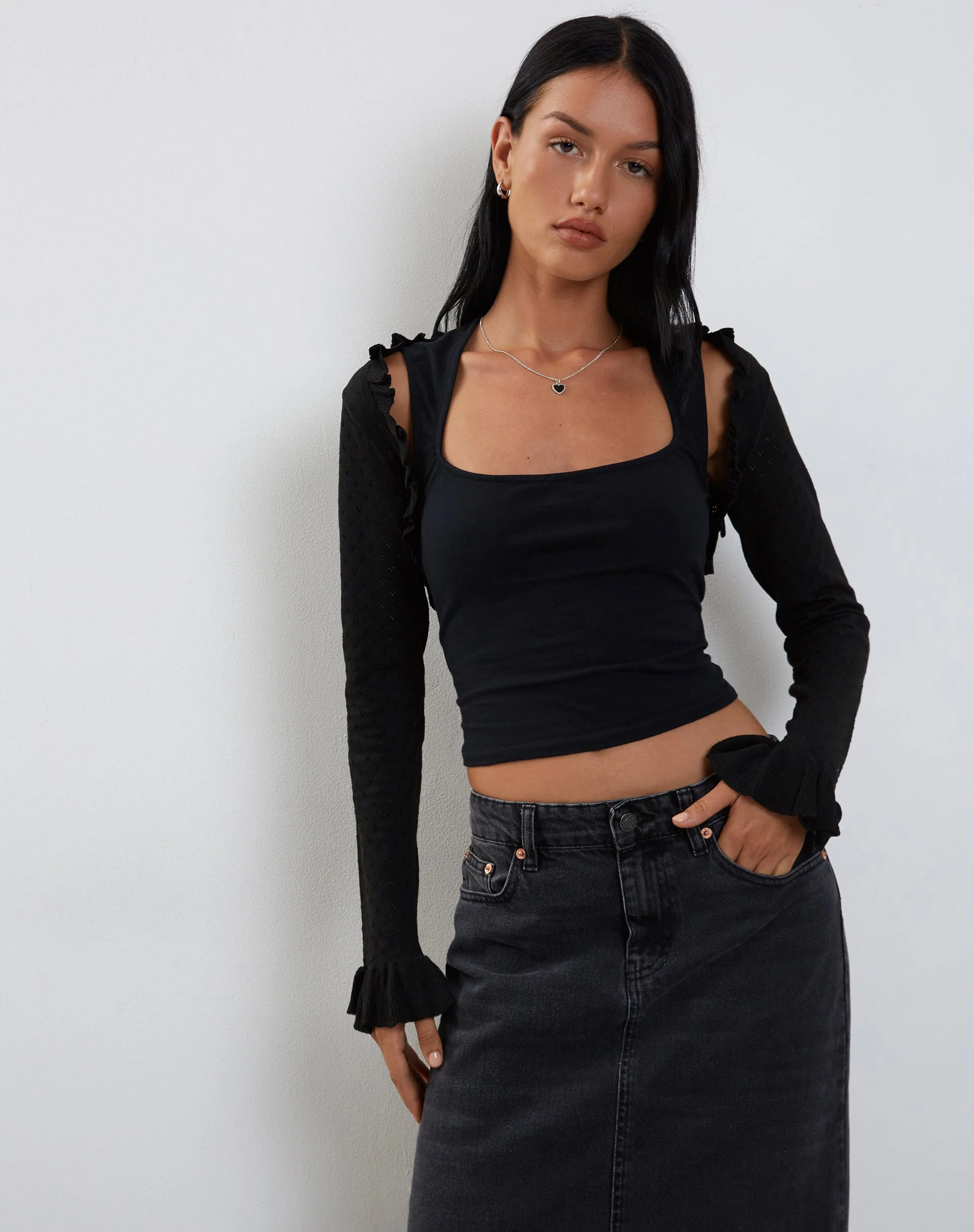 Nimra Knitted Shrug with Frill Sleeve in Black - Image 4