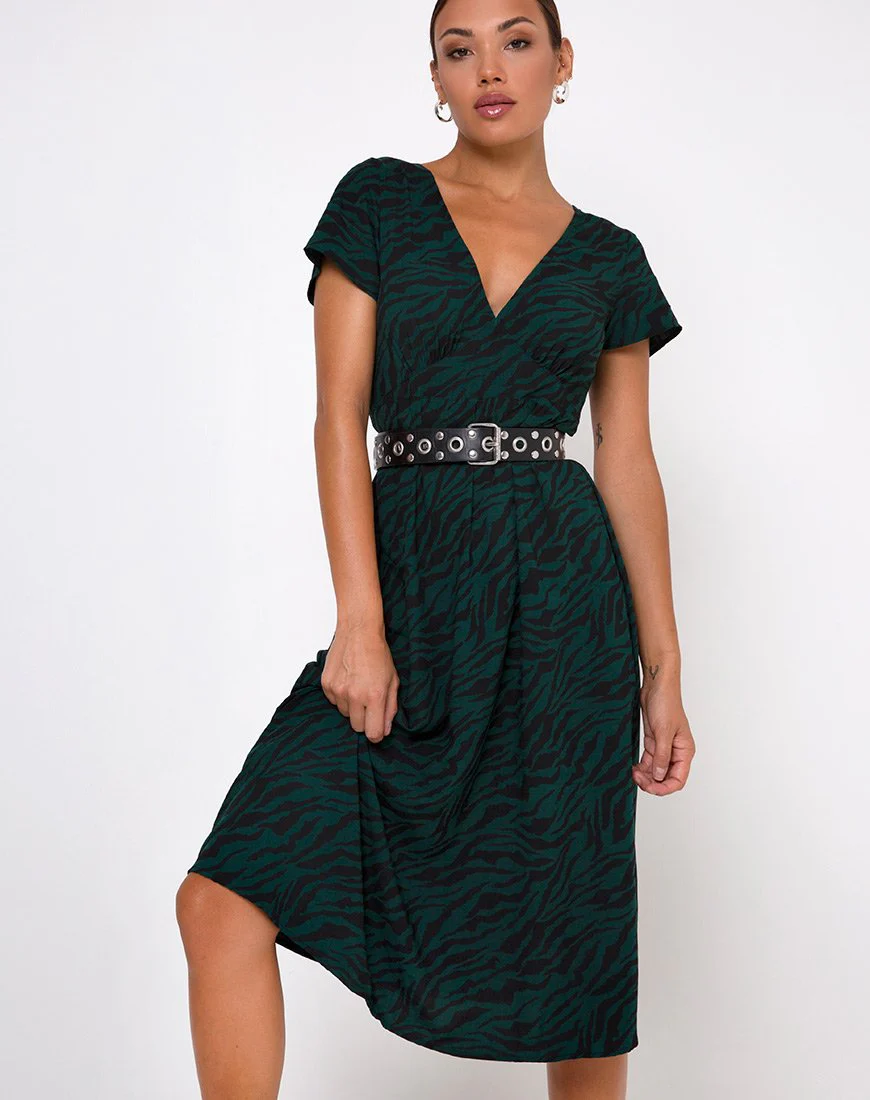 Nira Midi Dress in 90's Zebra Forest Green - Image 3