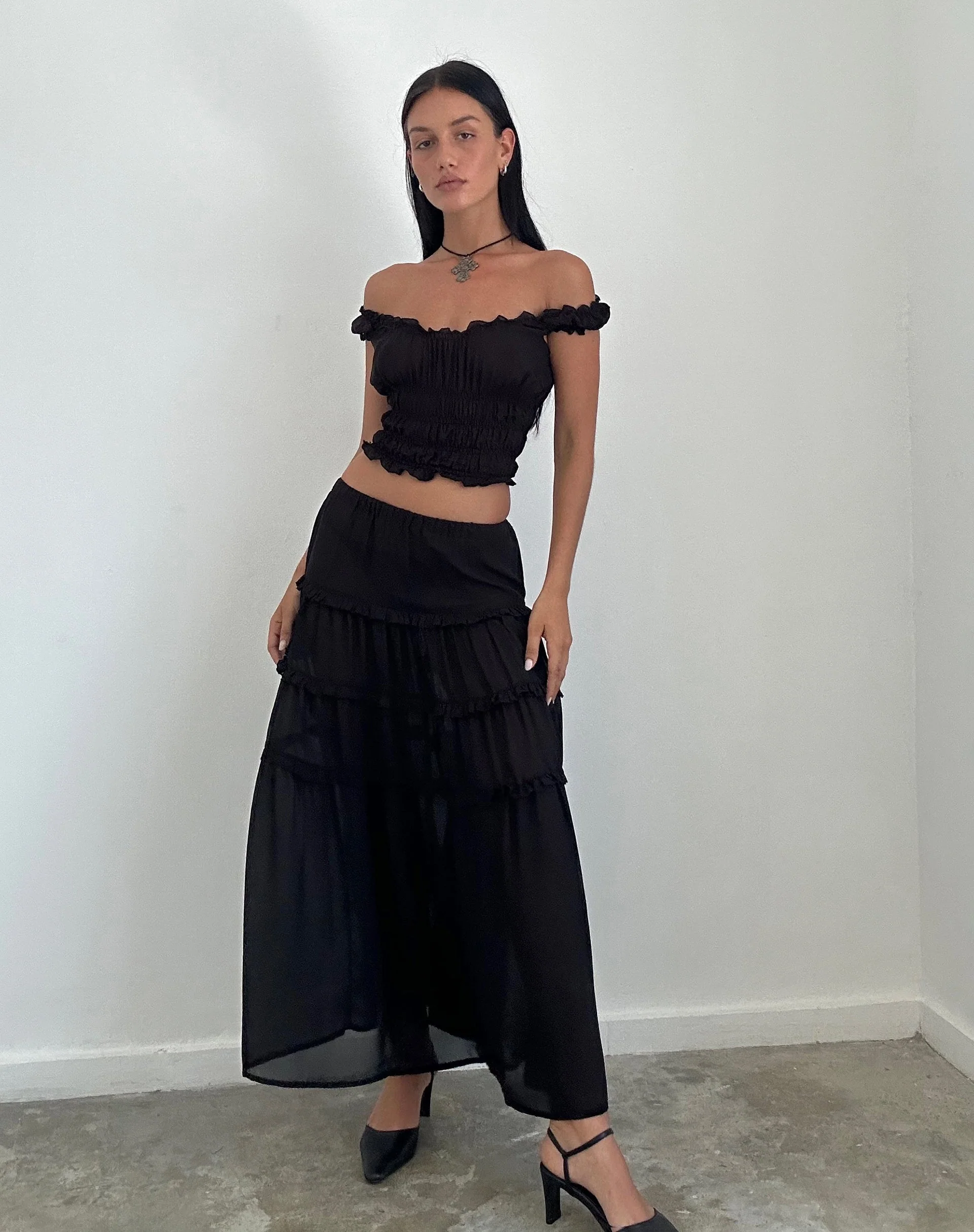 Norah Tiered Maxi Skirt in Black Chiffon - Image 2
