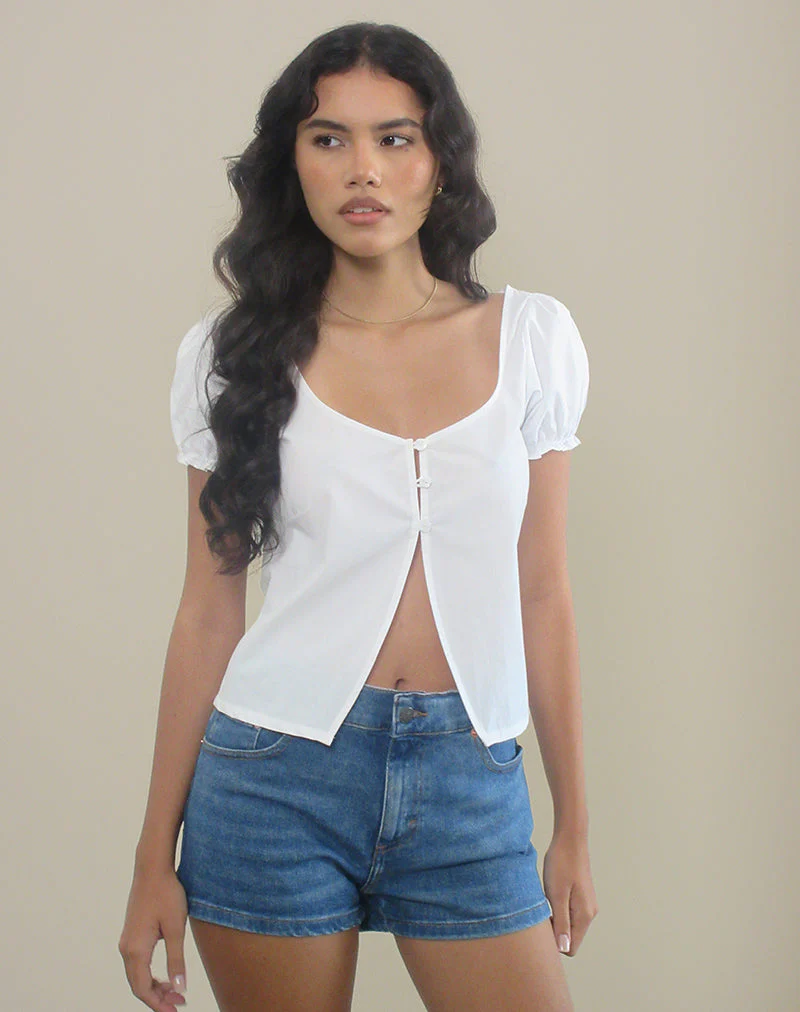 Norya Puff Sleeve Top in Poplin White - Image 3