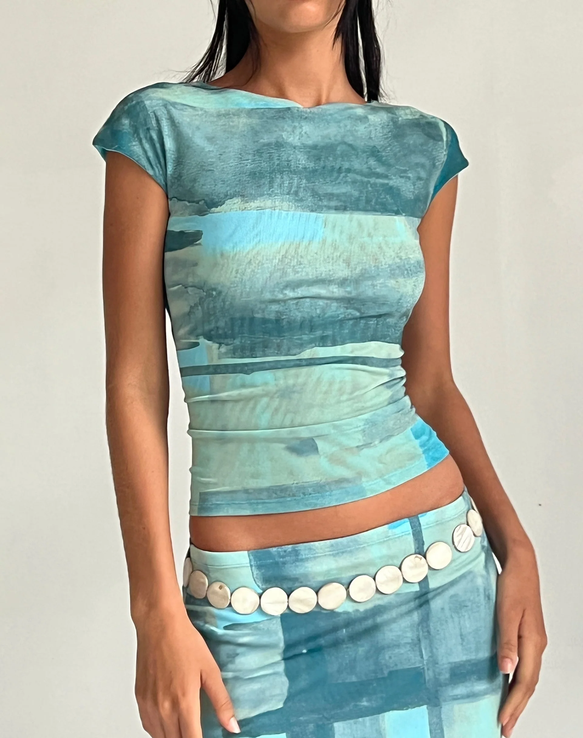 MOTEL X JACQUIE Nova Top in Mesh Green and Blue Abstract Paint Brush - Image 2