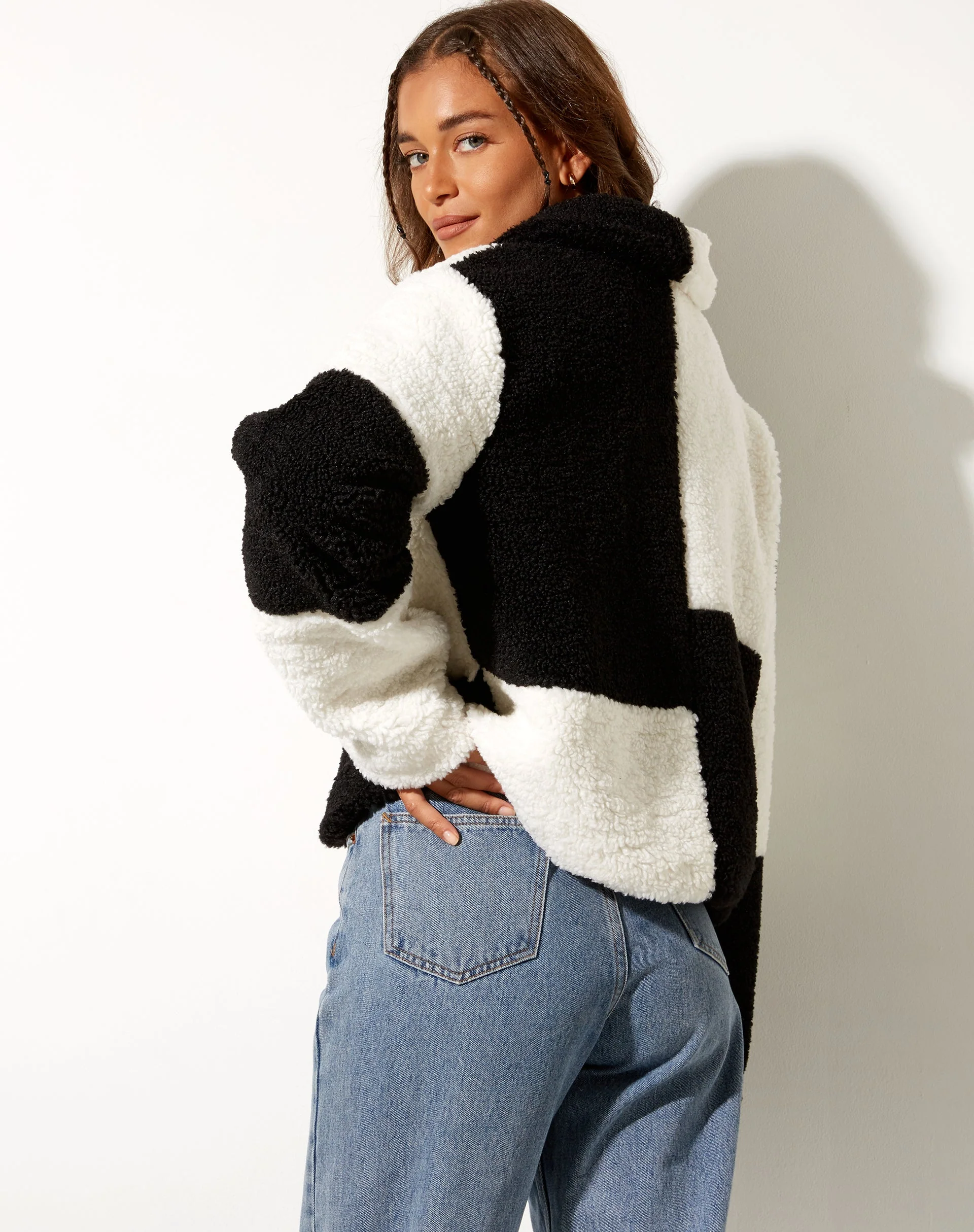Nuna Jacket in Borg Panelled Black and White - Image 2