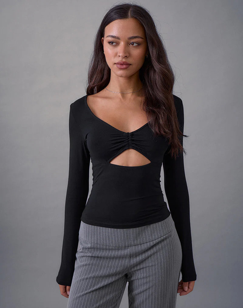 Nyala Long Sleeve Cutout Top in Rayon Jersey Black - Image 5