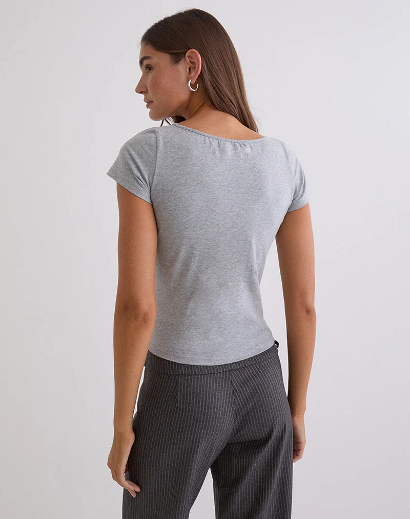Obanai Short Sleeve V Neck Top in Grey Marl - Image 4