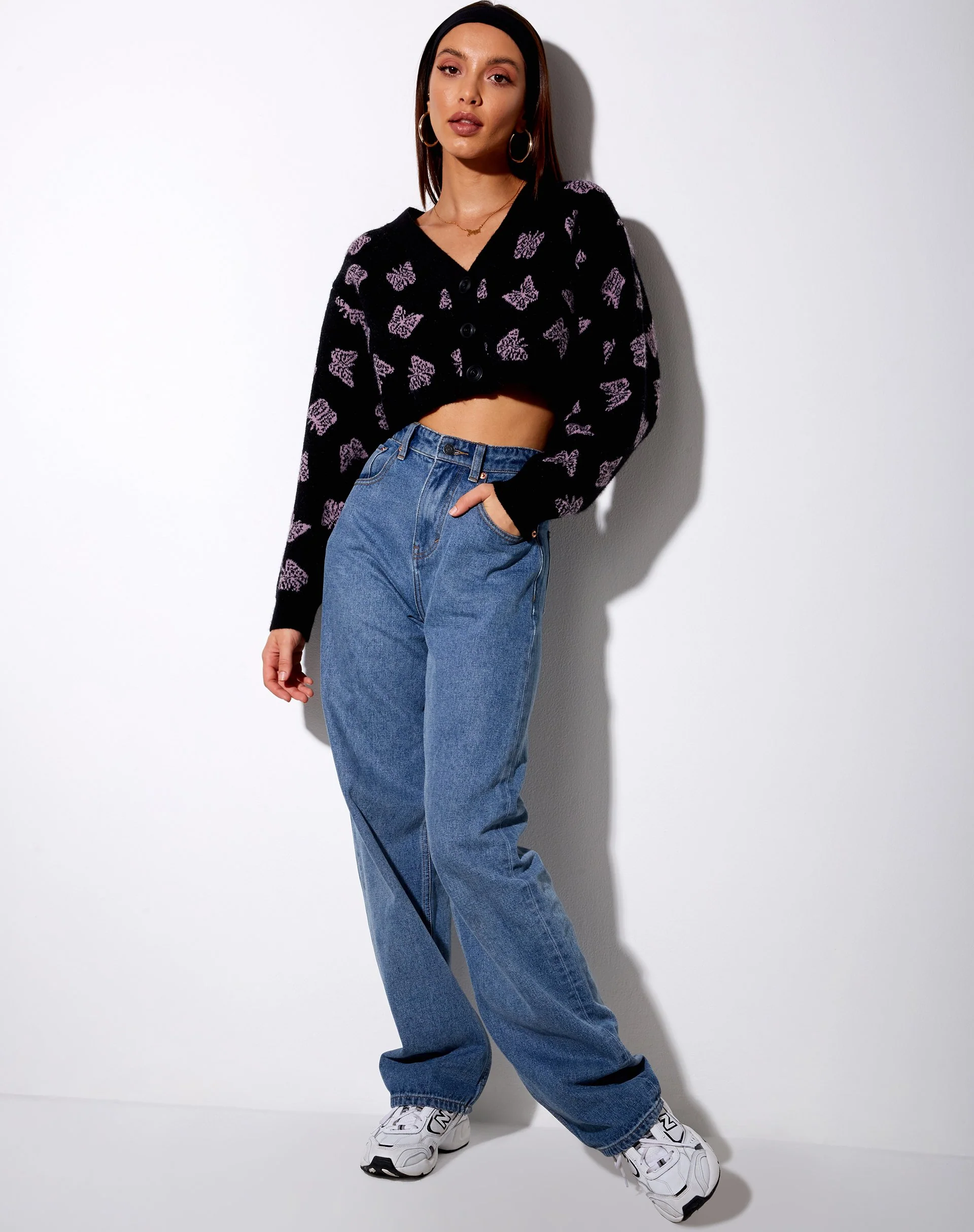 Olina Cropped Cardigan in Black and Purple Butterfly - Image 5