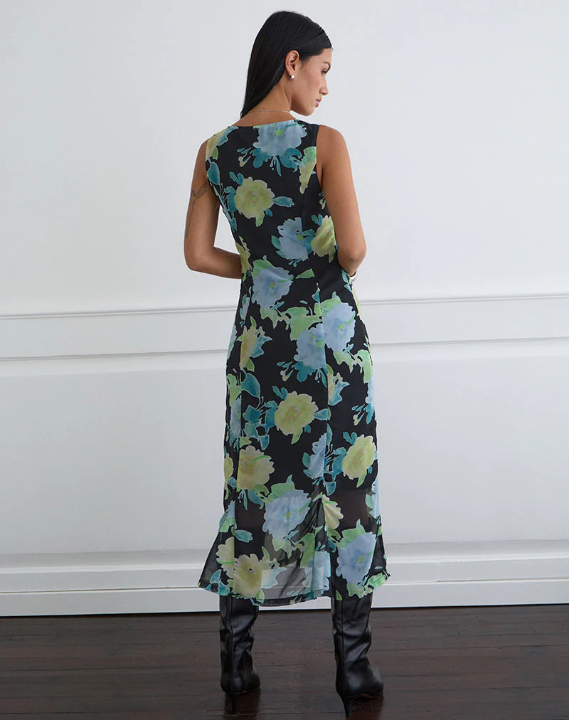 Olydia Midi Dress in Black Chiffon with Crystal Flower Print - Image 4