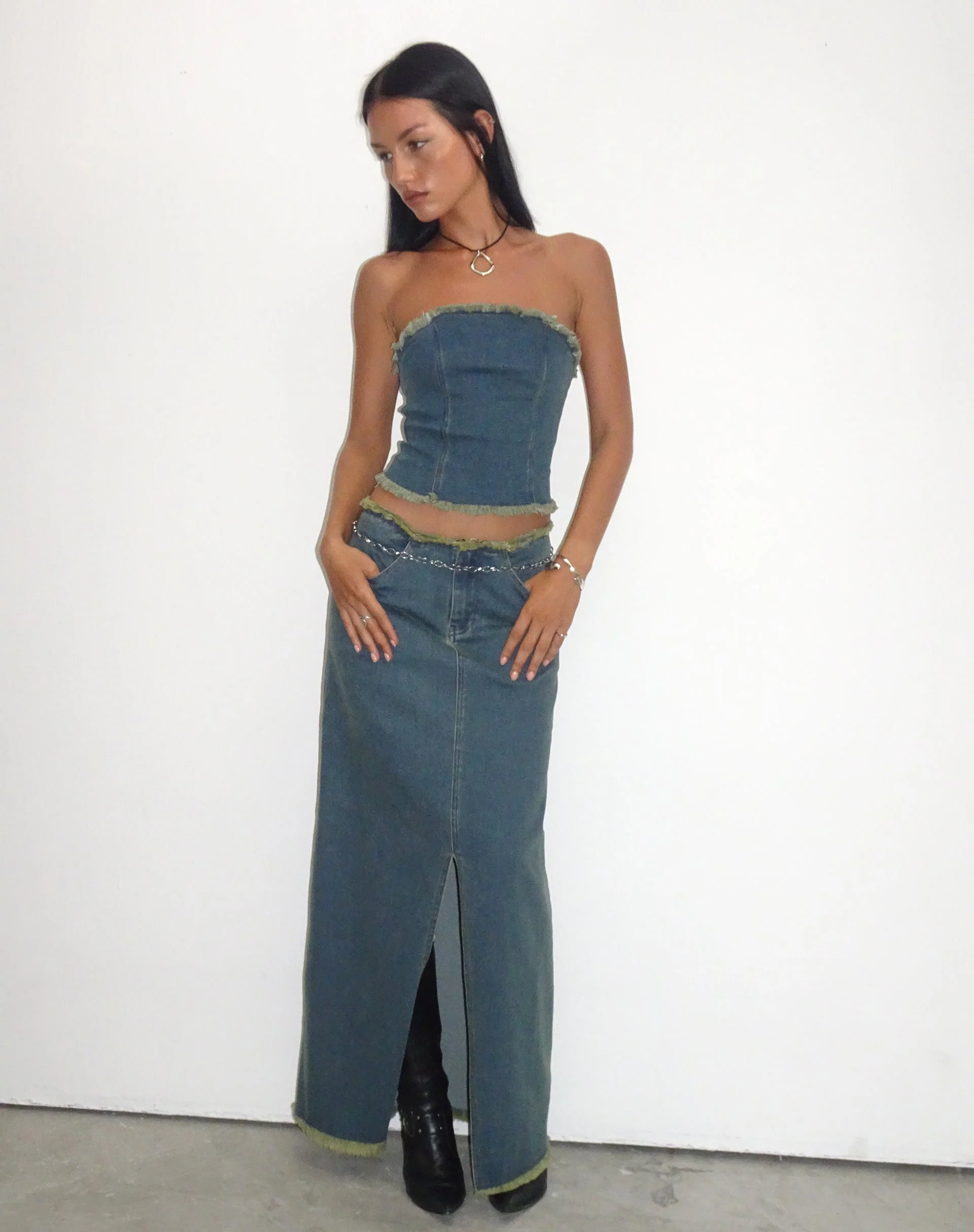 Omas Denim Bandeau Top in Brown Blue Acid Wash - Image 2