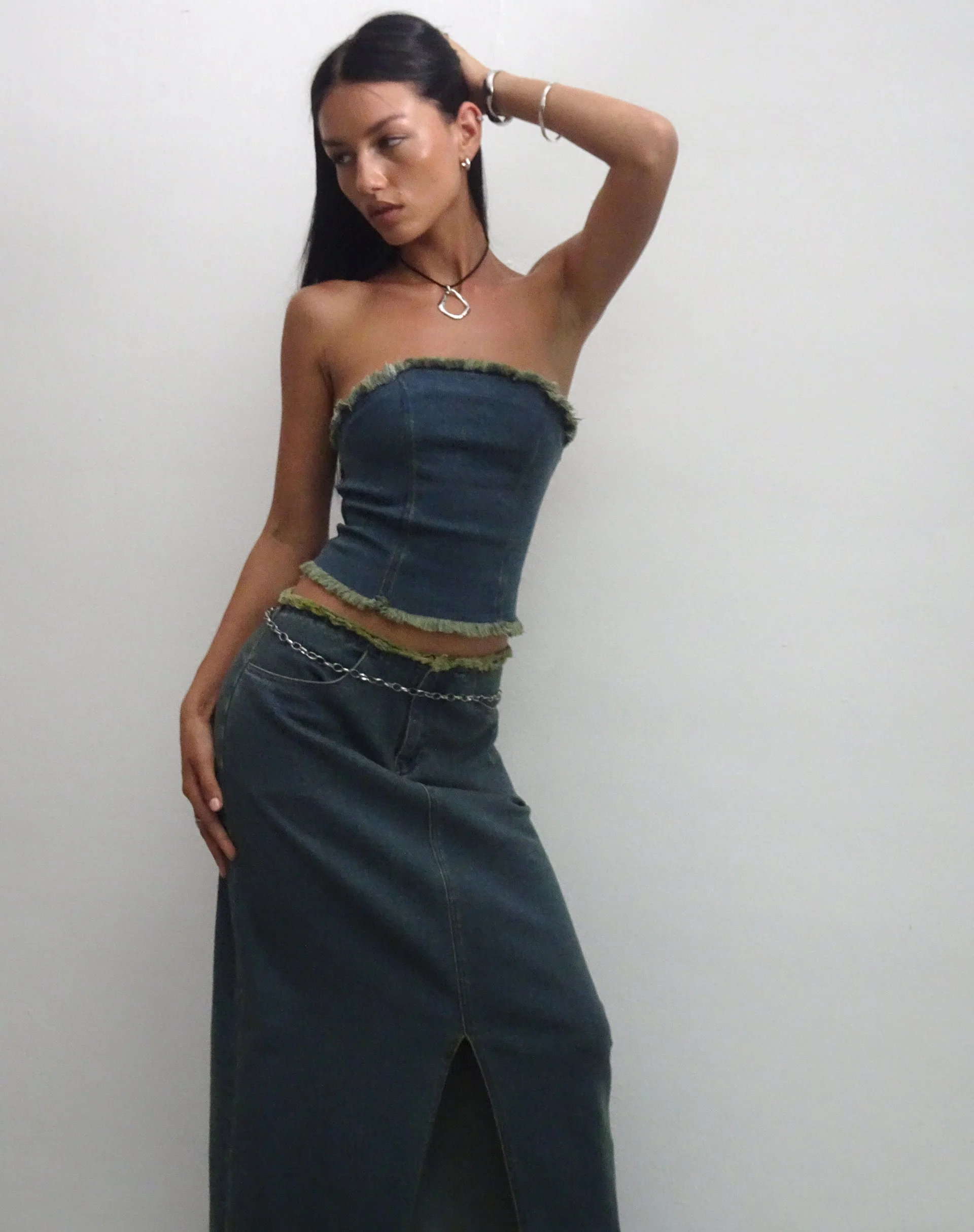 Omas Denim Bandeau Top in Brown Blue Acid Wash - Image 8