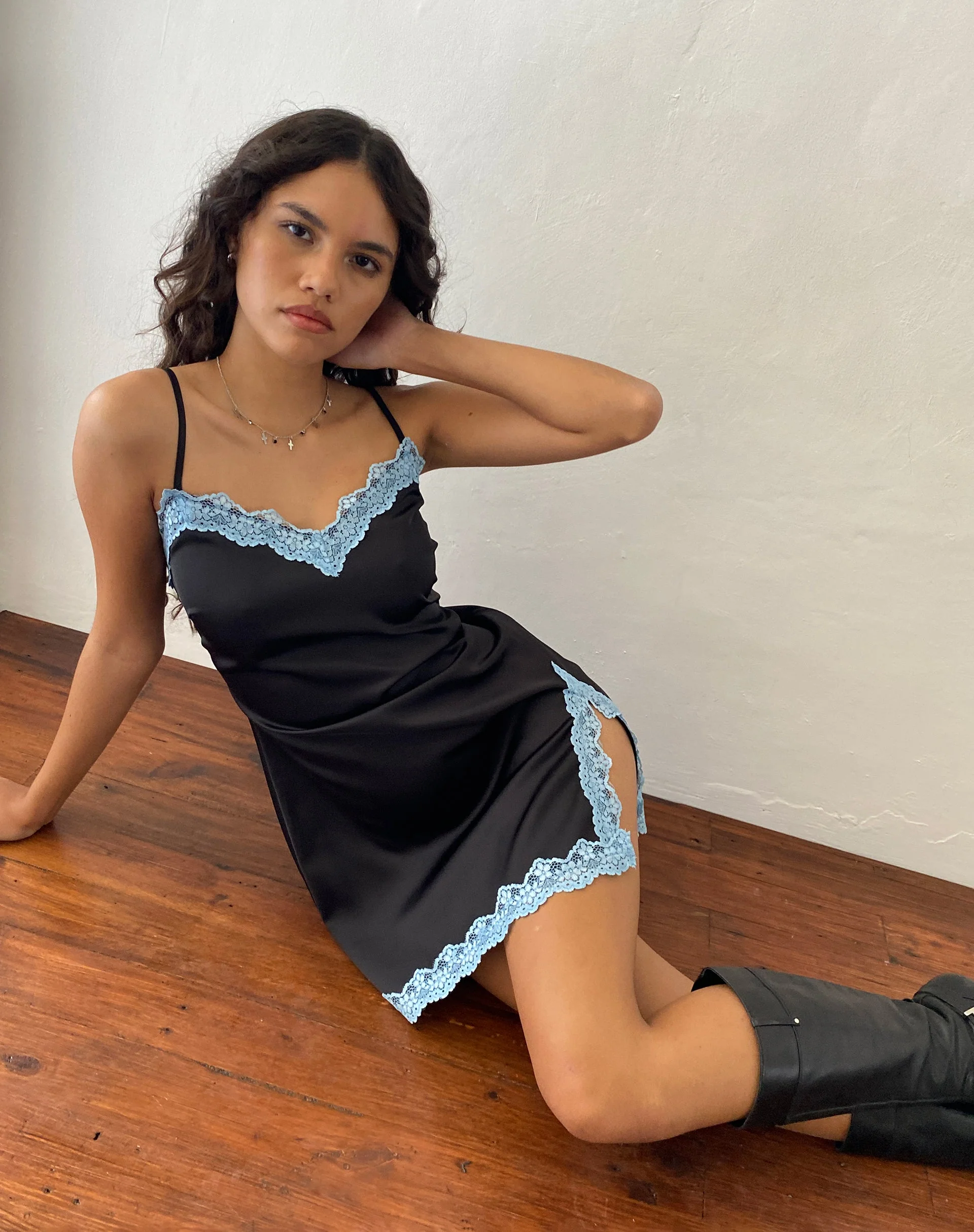 Oming Slip Mini Dress in Black with Blue Lace - Image 3