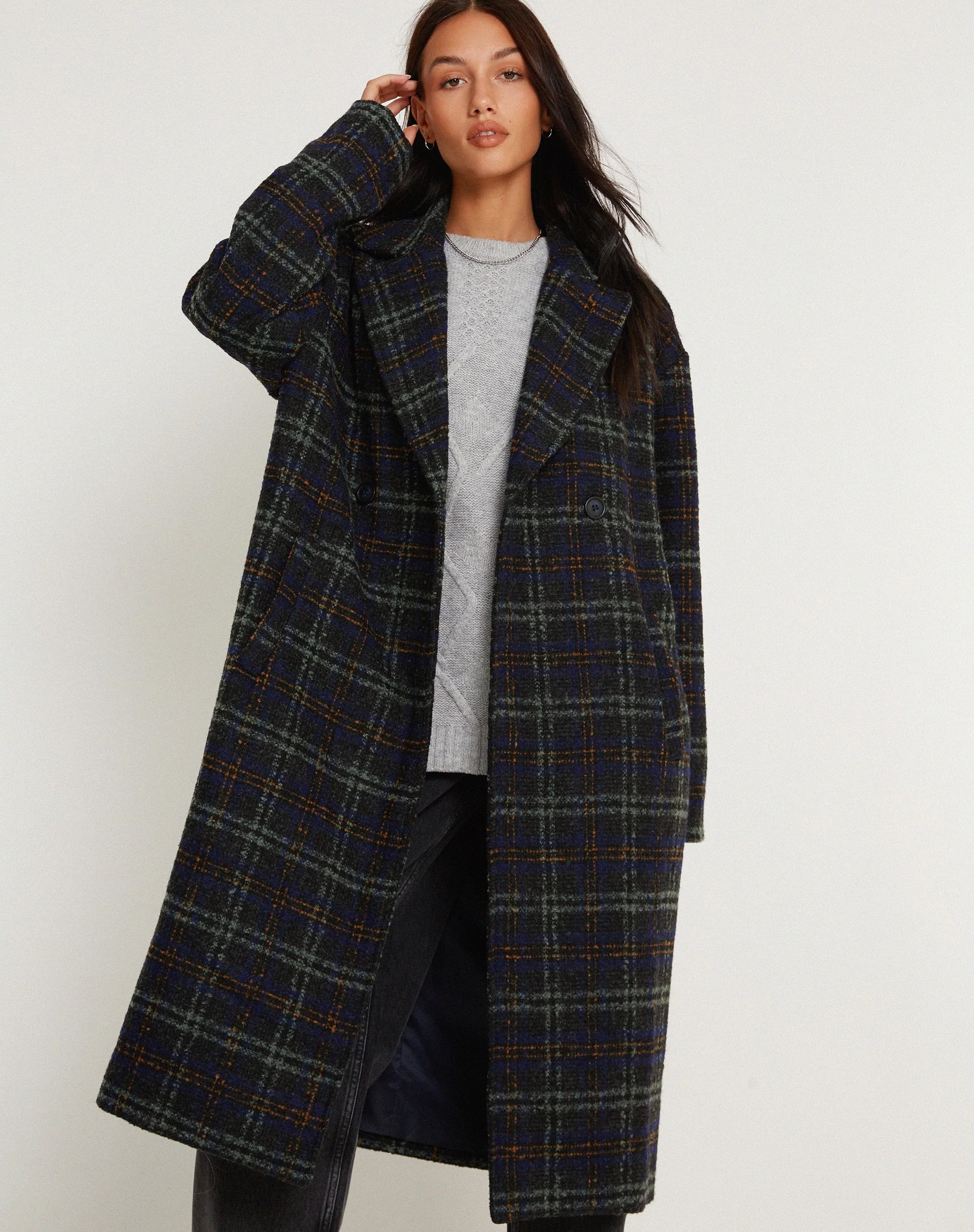 Orlova Coat in Check Navy Black and Brown - Image 2