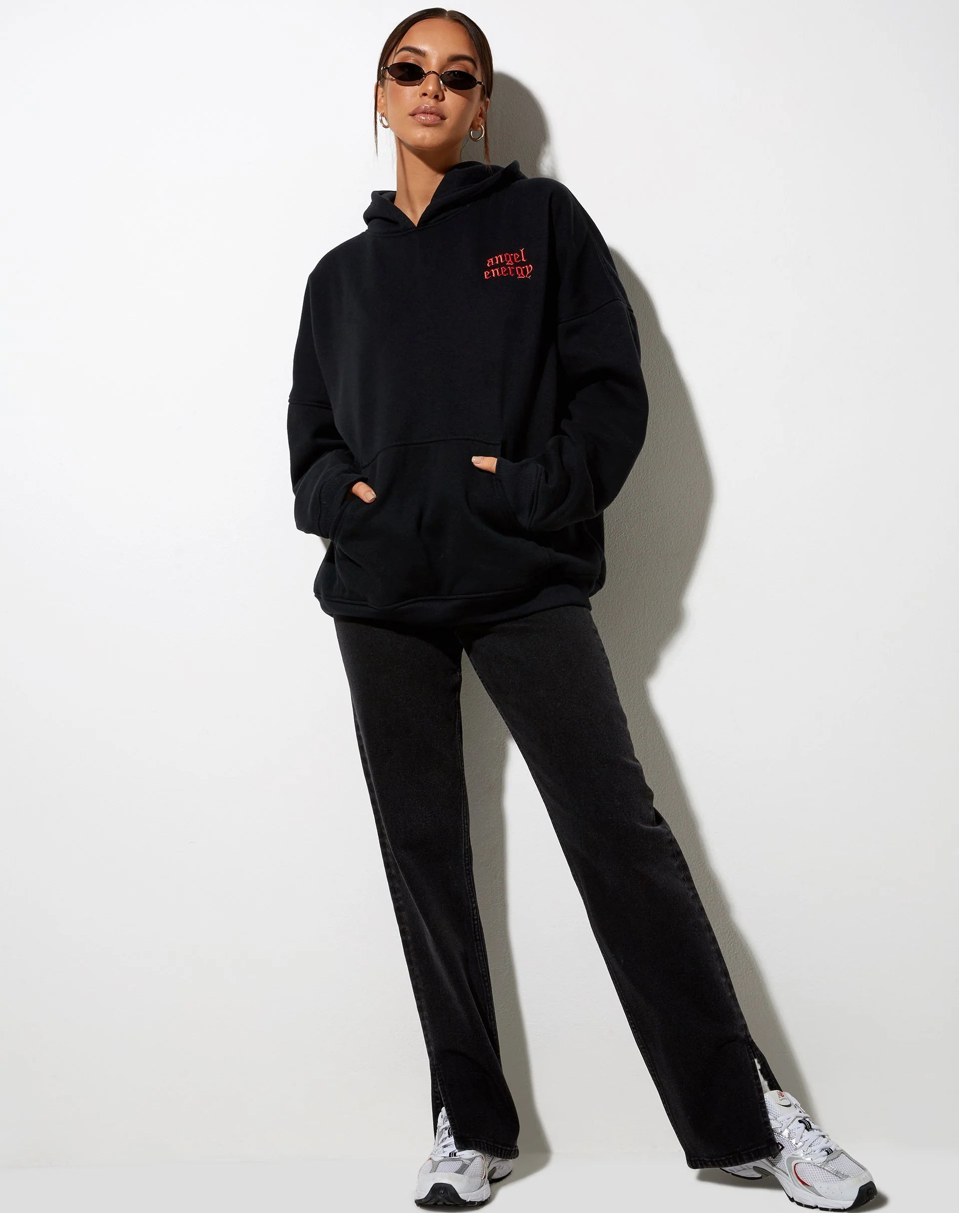 Oversize Hoodie in Black 'Angel Energy' Light Red Embro - Image 2