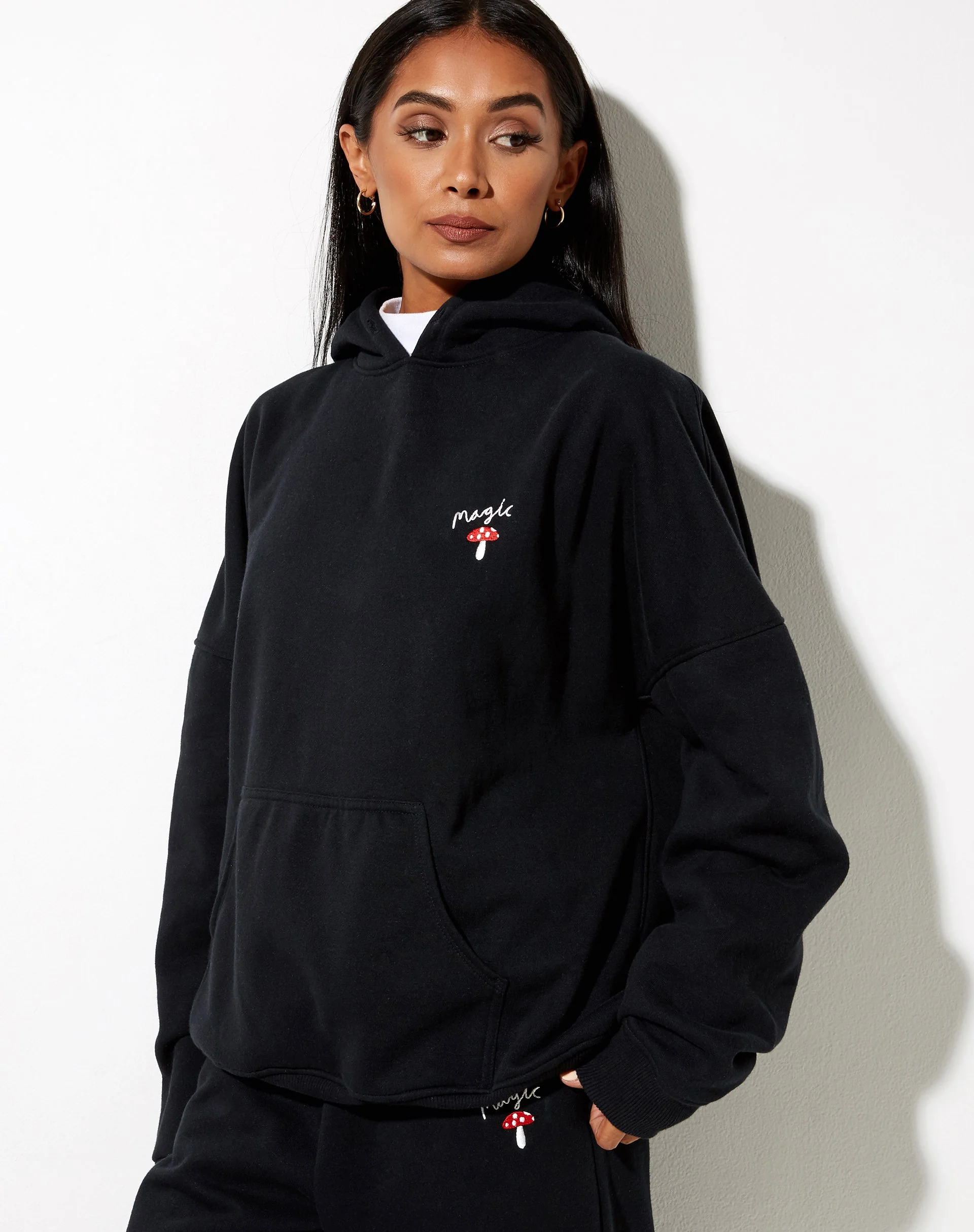 Oversize Hoodie in Black Mushroom Red Embro - Image 3