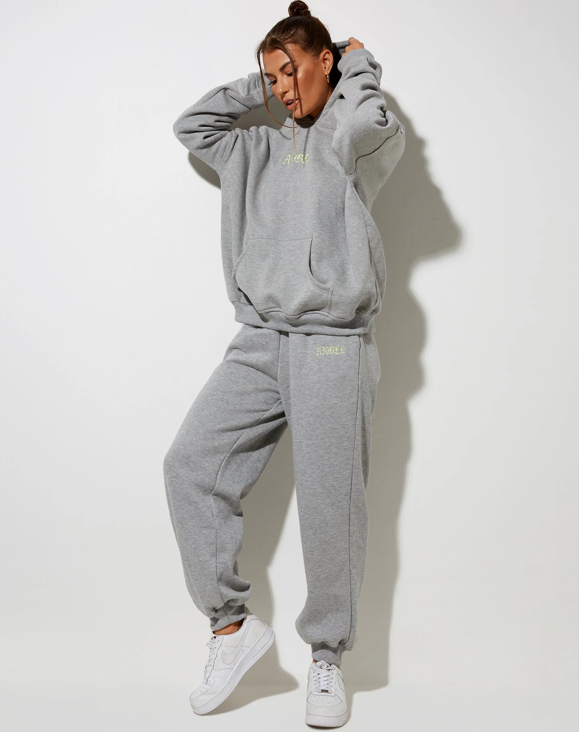 Oversize Hoody in Greymarl with 'Angel' Embro in Lemon - Image 2