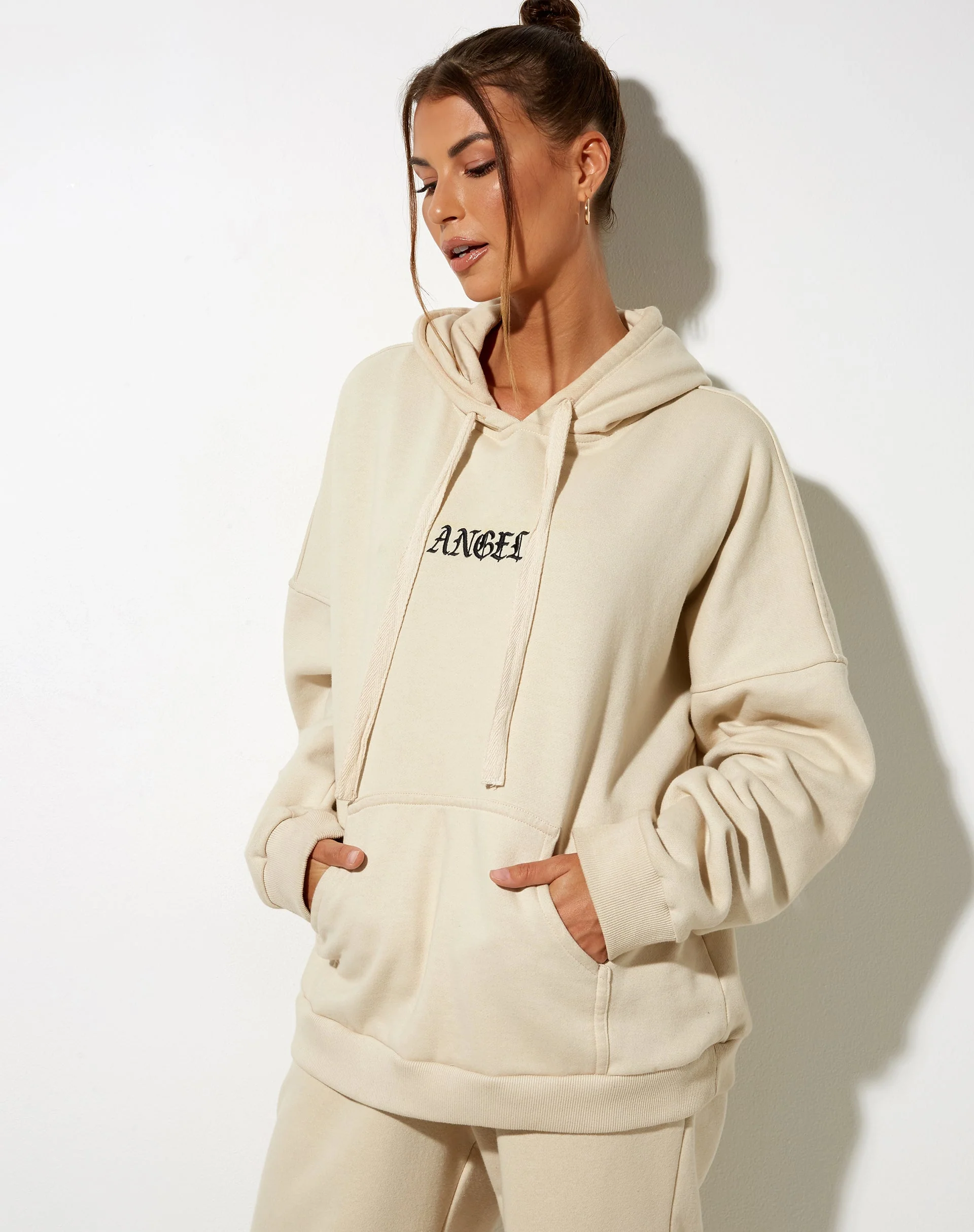 Oversize Hoody in Stone with Angel Embro - Image 2