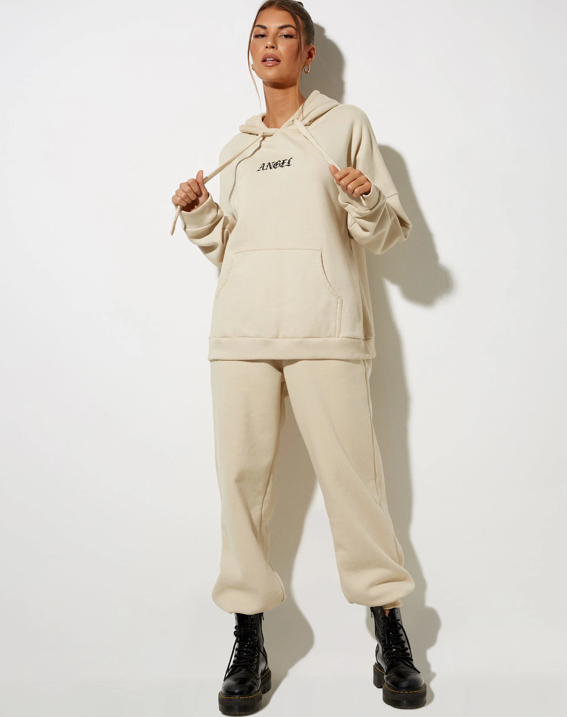 Oversize Hoody in Stone with Angel Embro - Image 4
