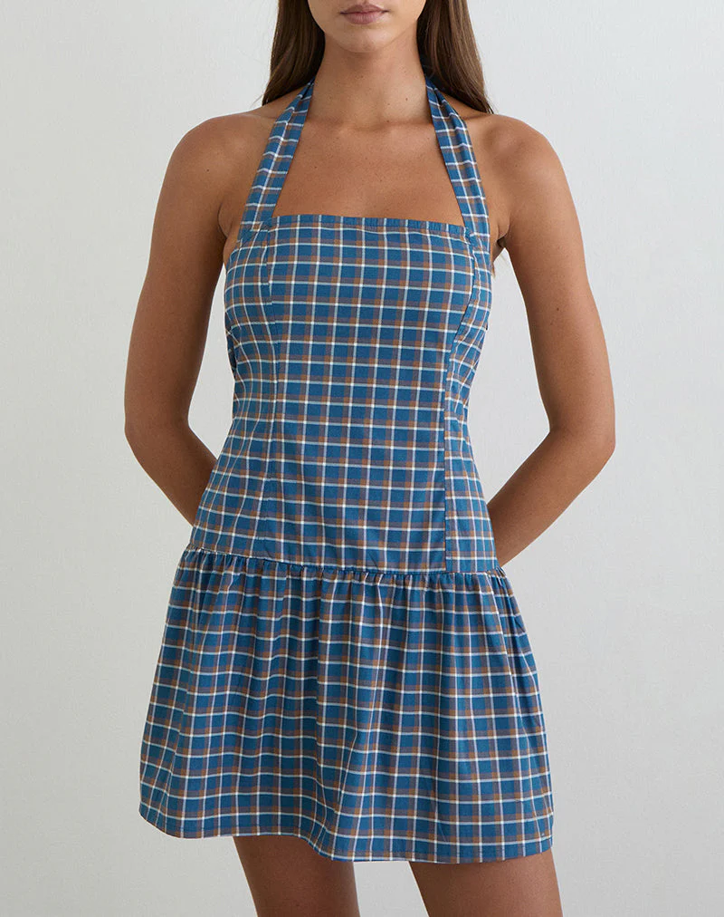 Panja Mini Halter Neck Dress in Medium Tartan Blue - Image 5