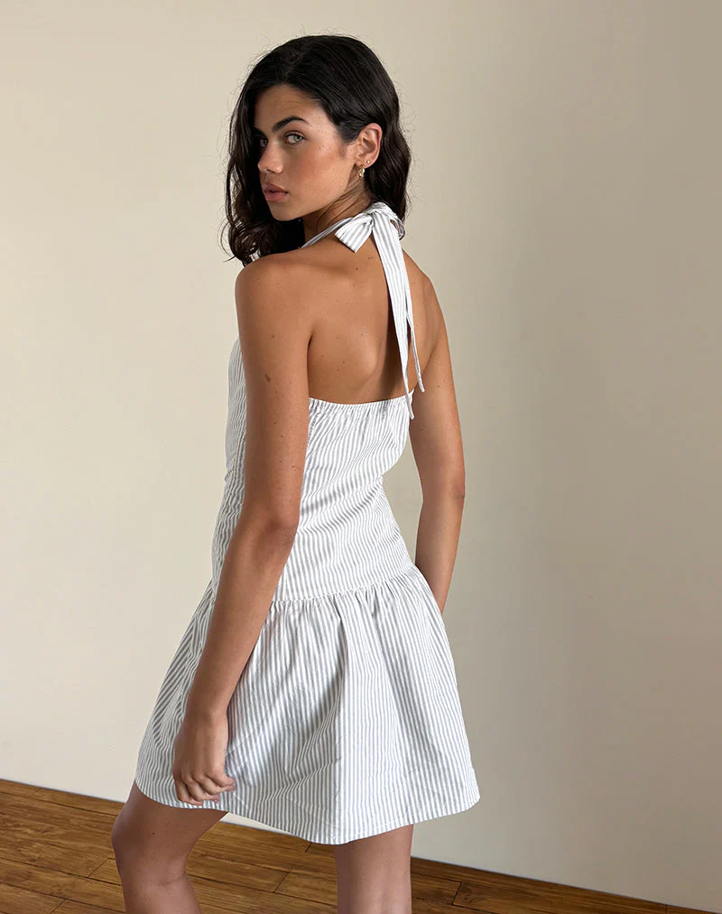 Panja Mini Halter Dress in Small Stripe Vertical Grey - Image 2