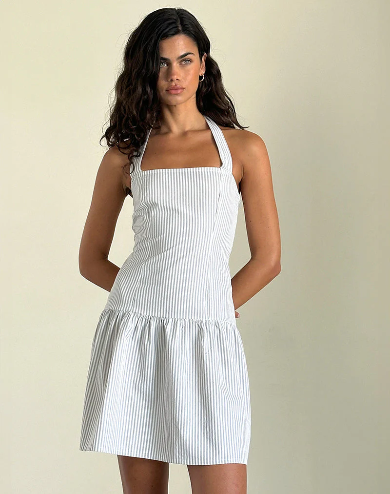 Panja Mini Halter Dress in Small Stripe Vertical Grey - Image 4