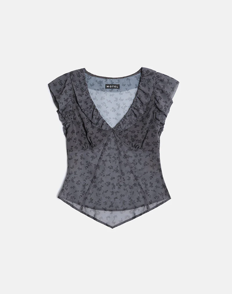 Paquita Top in Chiffon Minimal Flower Dark Grey - Image 2