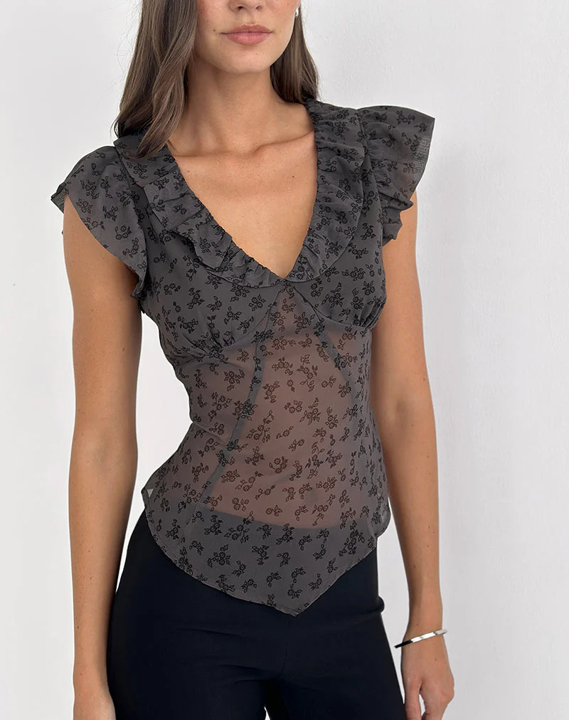 Paquita Top in Chiffon Minimal Flower Dark Grey - Image 4