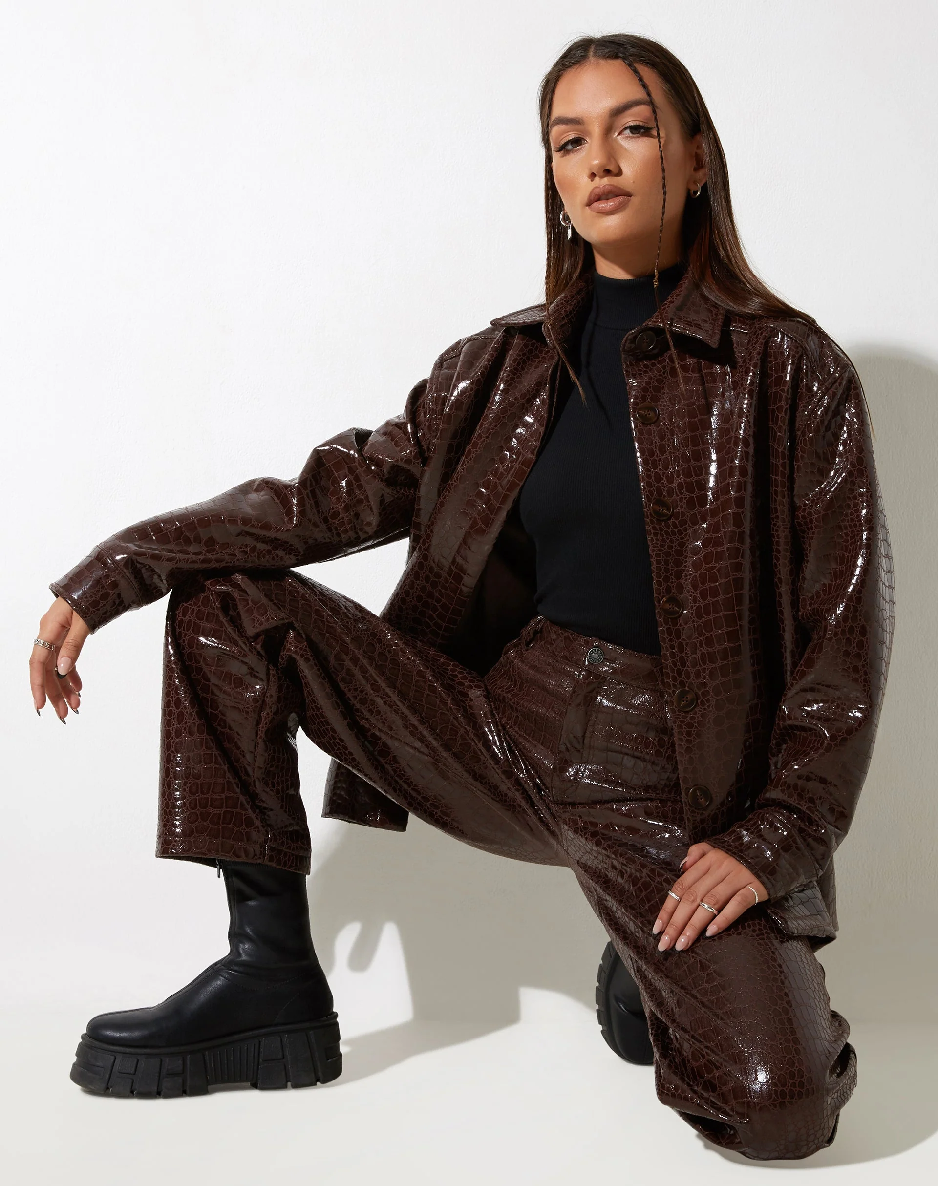 Parallel Trouser in Croc PU Dark Brown - Image 3