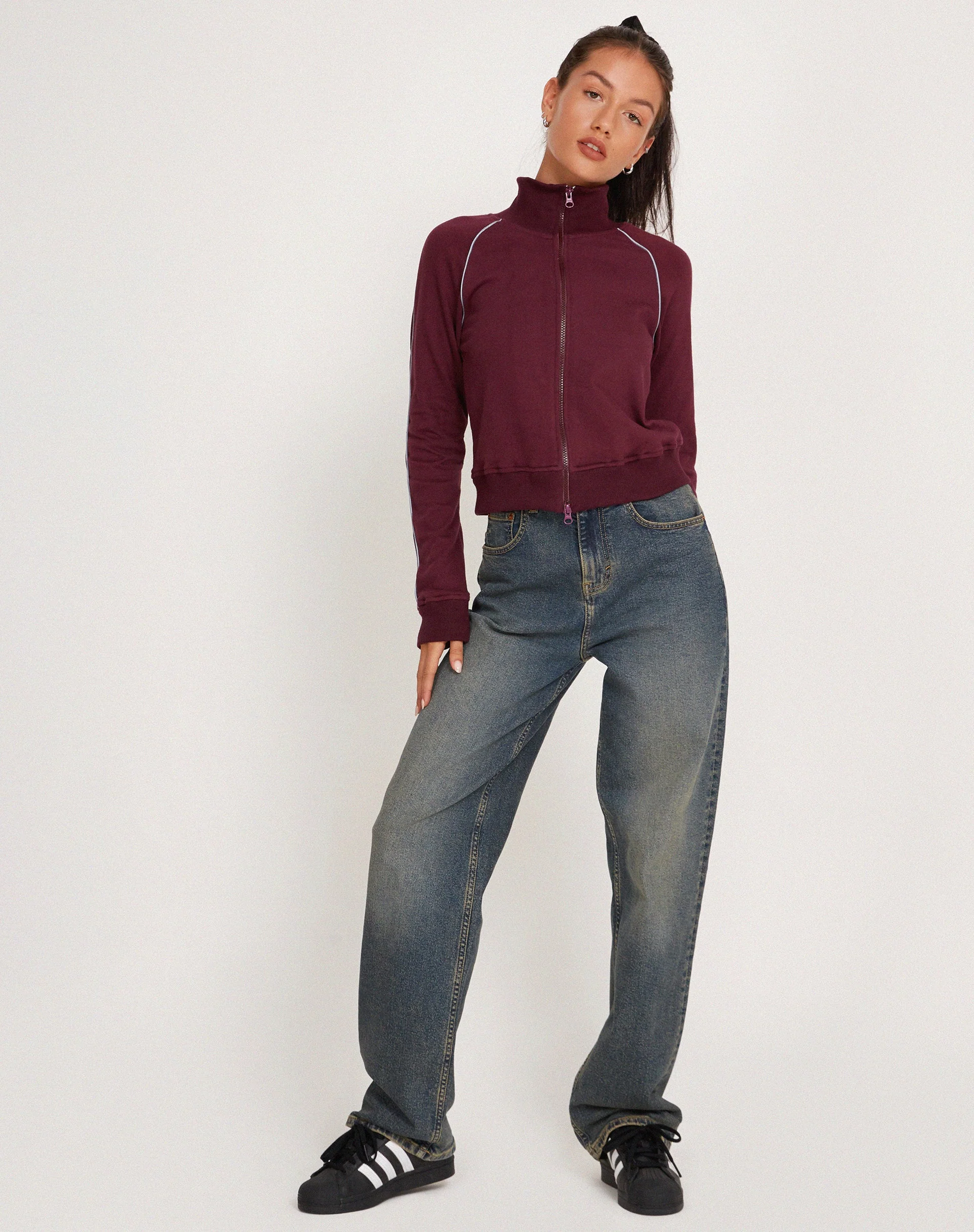 Patrice Zip Up High Neck Sweater in Oxblood with Grey Piping - Image 3