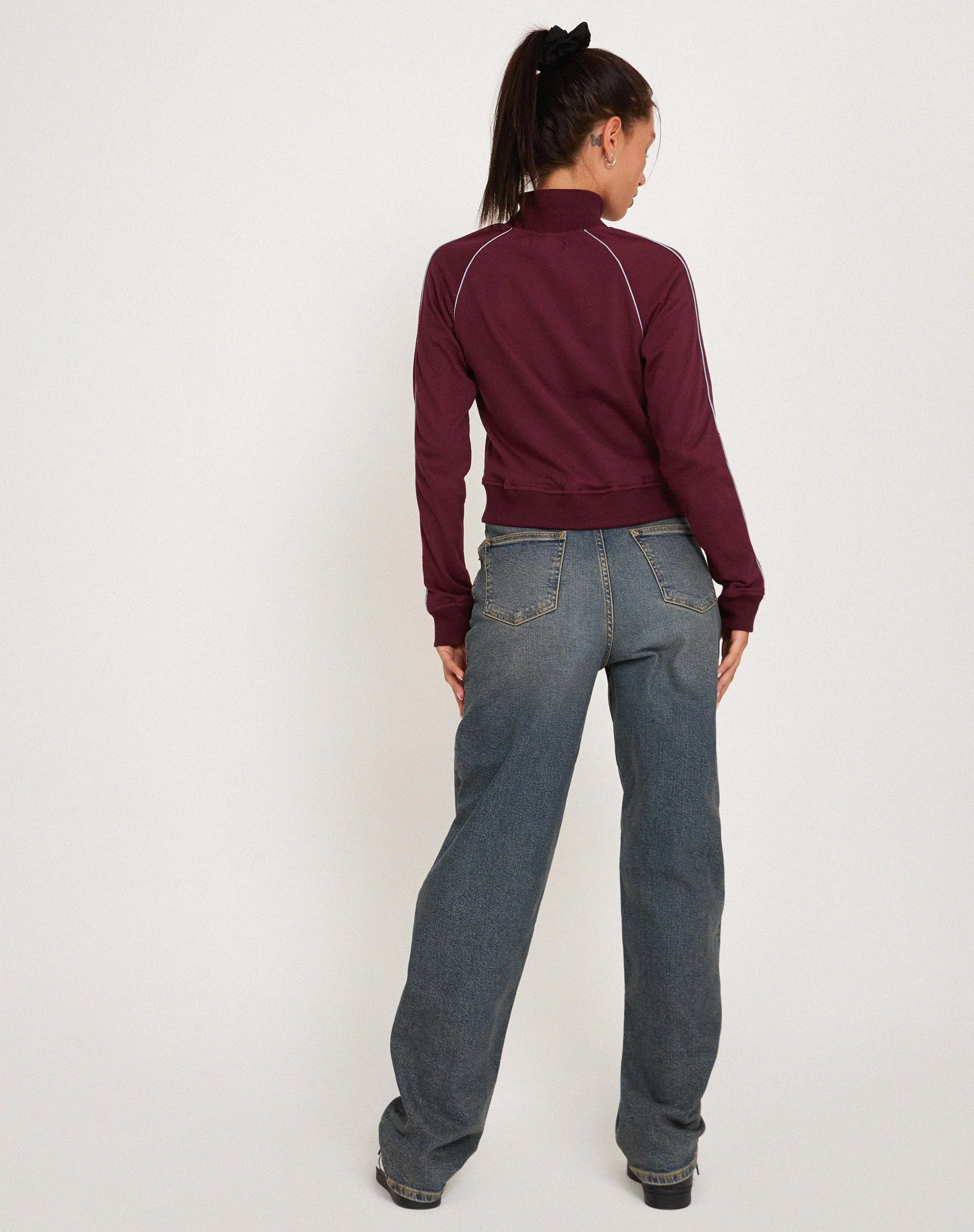 Patrice Zip Up High Neck Sweater in Oxblood with Grey Piping - Image 4