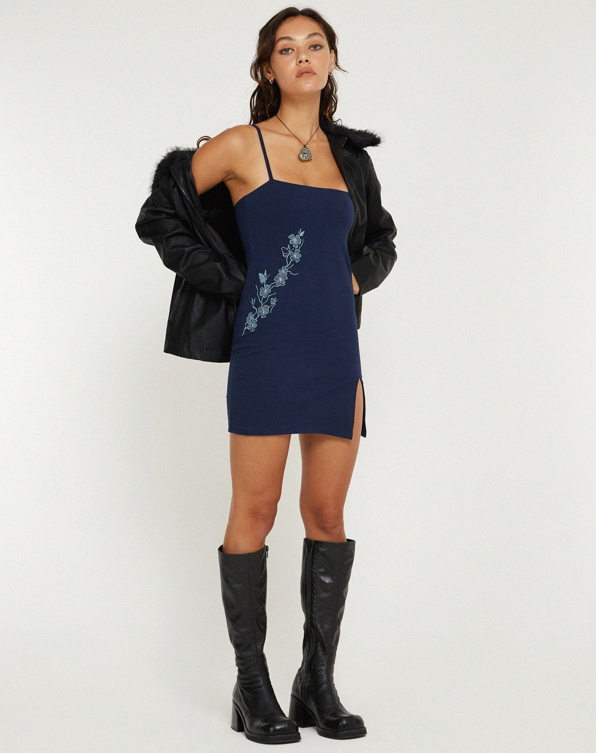 Paula Mini Dress Navy Flower Butterfly Emb - Image 5