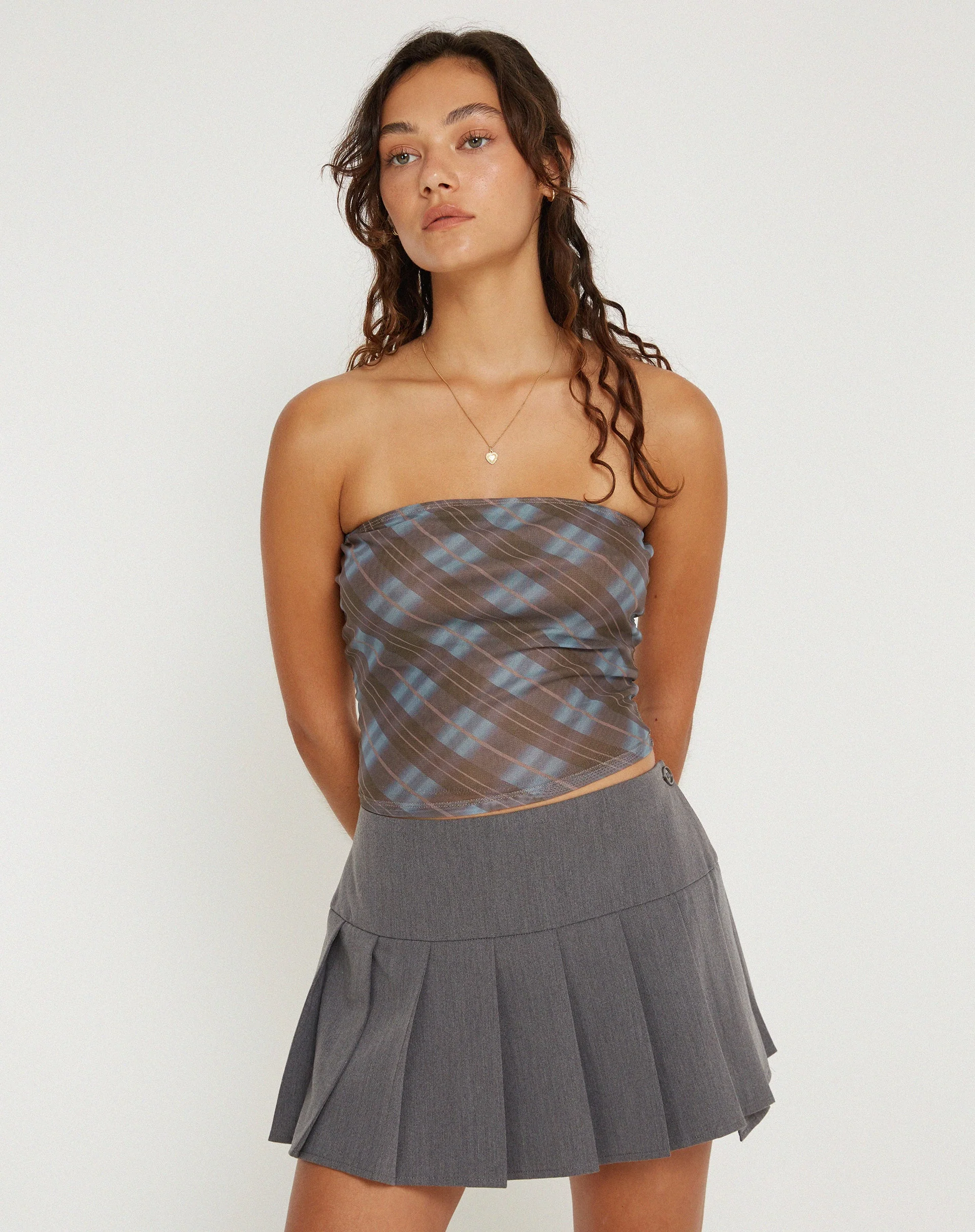 Peggy Bandeau Top in Green Blurred Check Dark Olive - Image 2