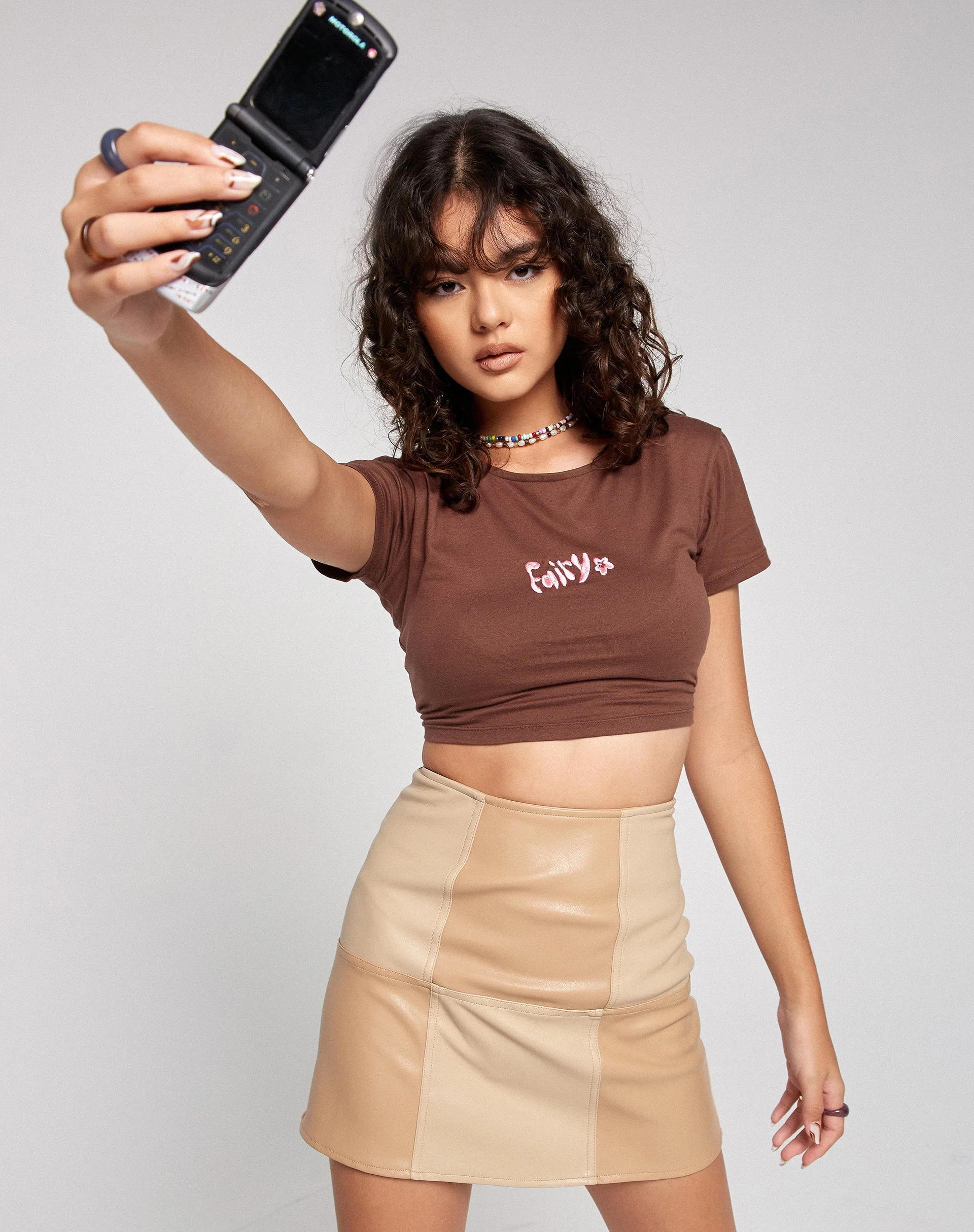 Peillo Mini Skirt in PU Tan Cream - Image 2