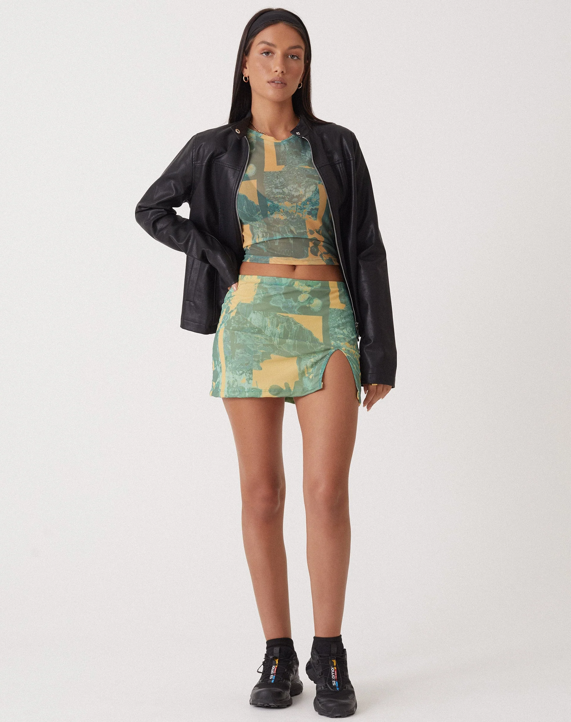 MOTEL X OLIVIA NEILL Pelma Mini Skirt in Collage Floral Shadow Green - Image 3