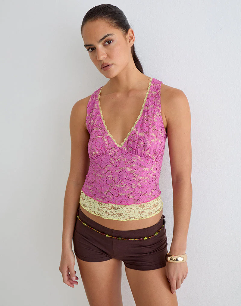 Perai Top in Double Layer Sequin Lace Lime and Pink - Image 2