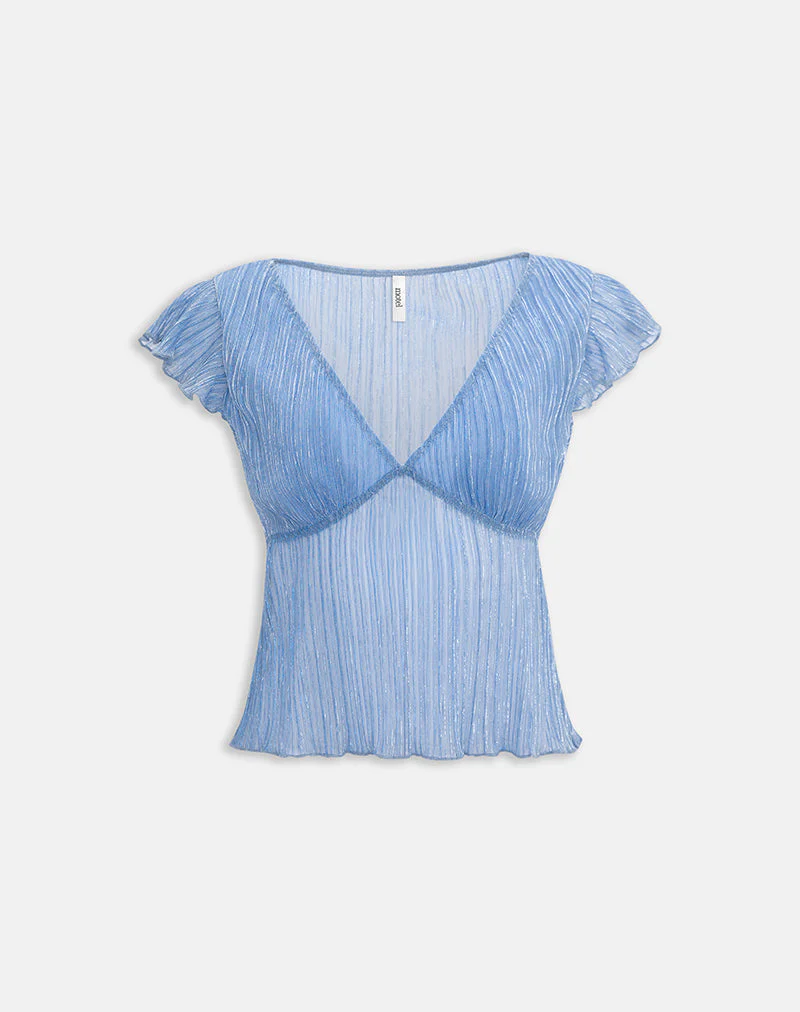 Pharita V Neck Top in Plisse Blue - Image 2