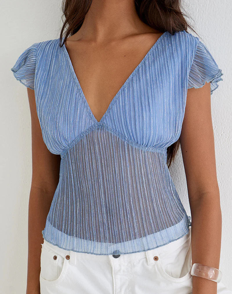 Pharita V Neck Top in Plisse Blue - Image 3