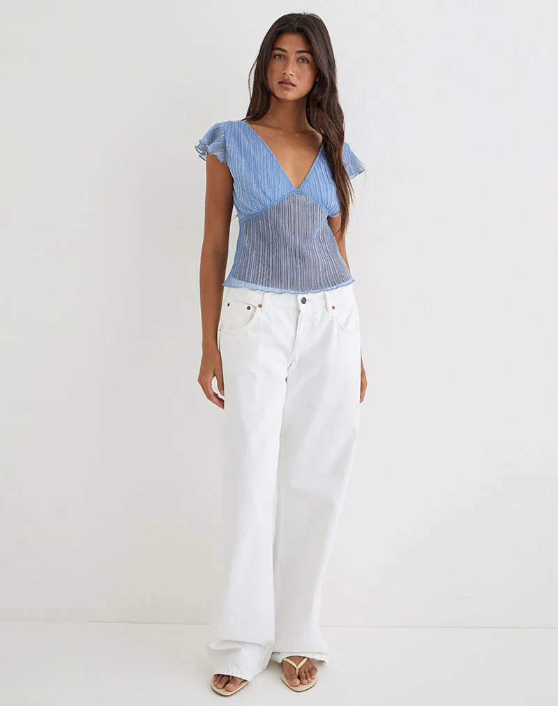 Pharita V Neck Top in Plisse Blue - Image 4