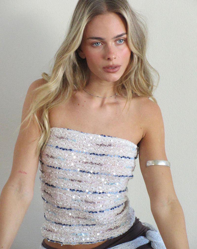 Prana Bandeau Top in Knit Sequin Cream Blue - Image 2