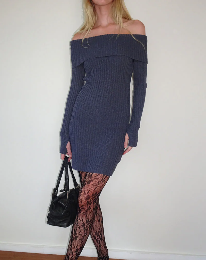 Queeva Knitted Bardot Mini Dress in Dark Charcoal - Image 4