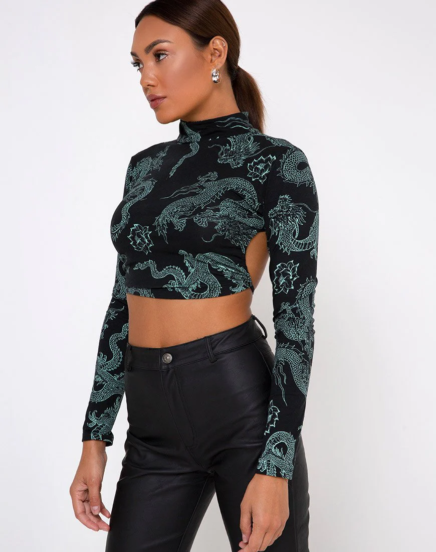 Quelia Top in Dragon Flower Black and Mint - Image 3