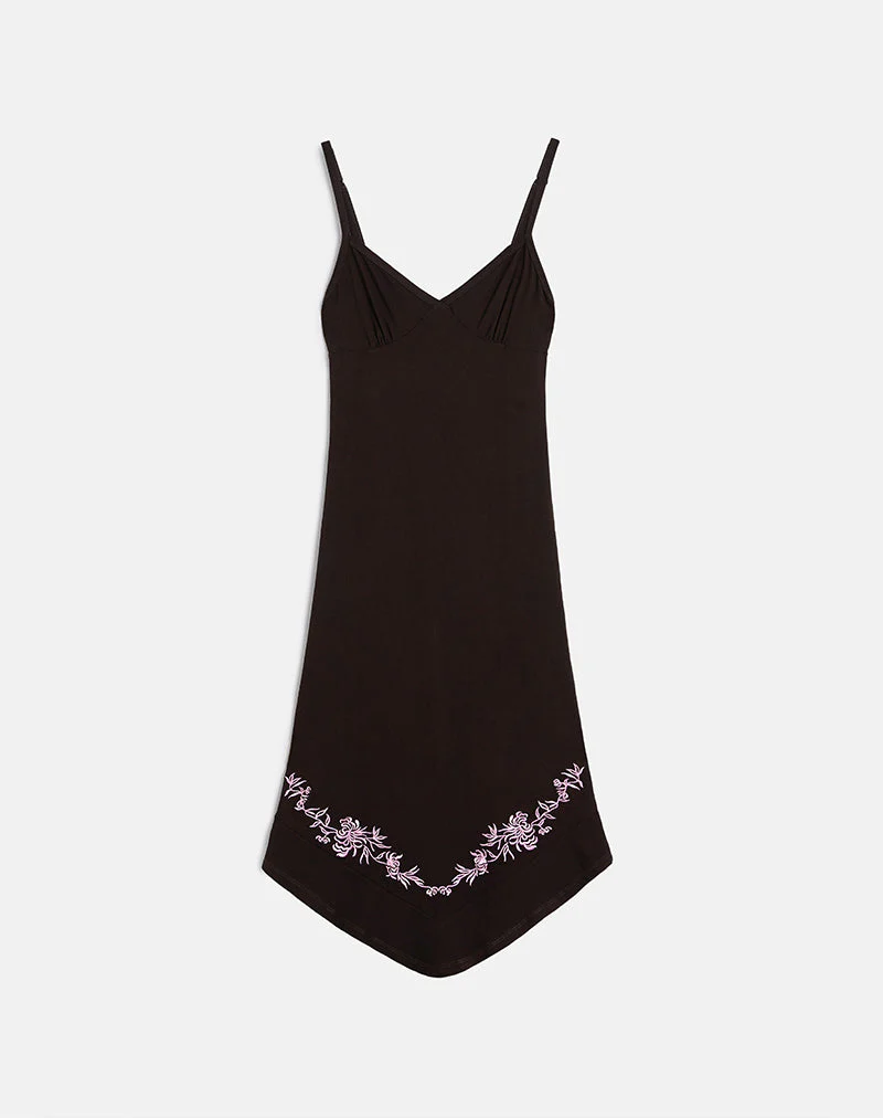 Quelin Midi Dress in Chocolate Brown with Rose Embroidery - Image 2