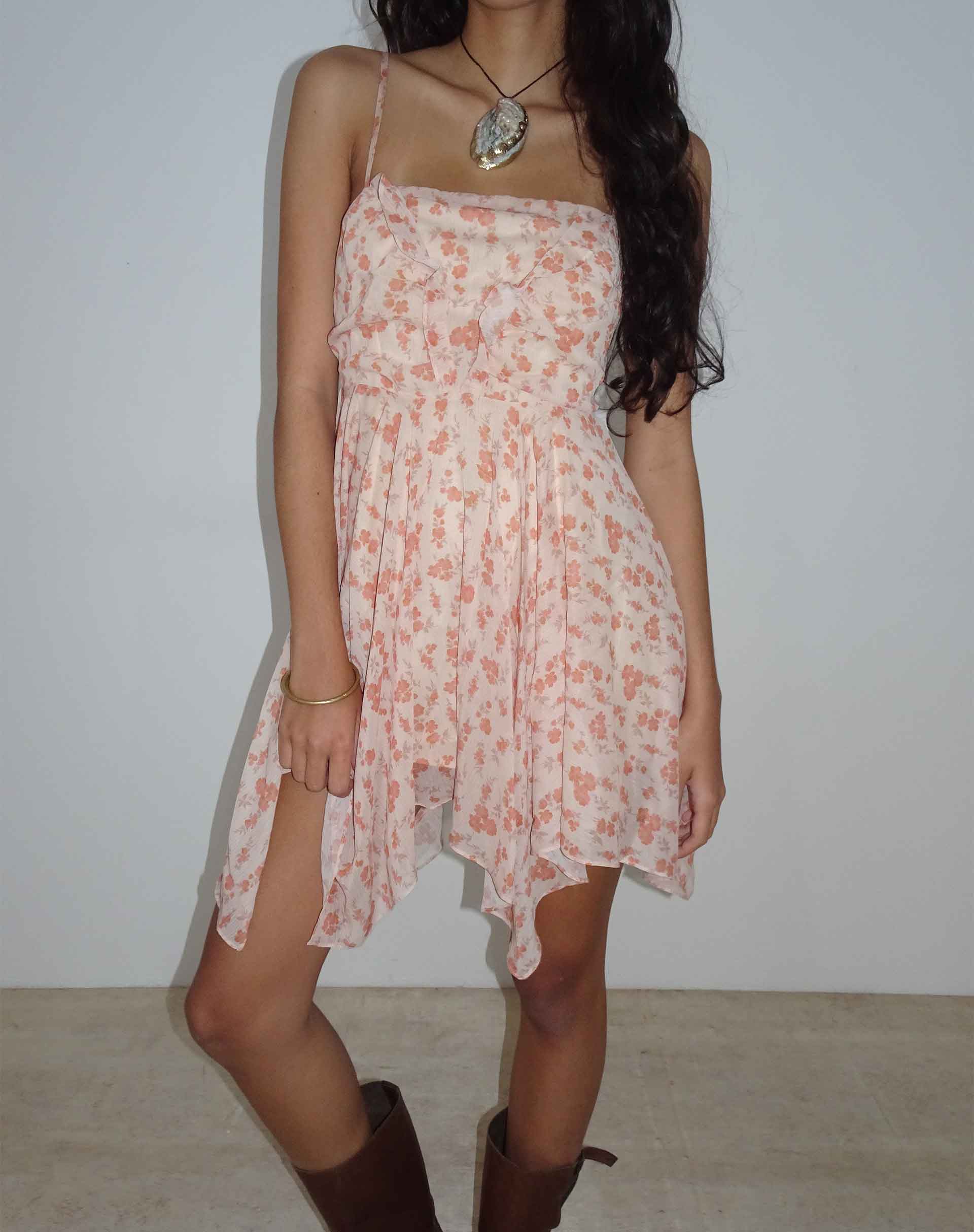 Raftar Frill Chiffon Mini Dress in Peach Cherry Blossom - Image 4